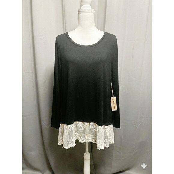 Plus Size 2X Black Stretchy Paper + Tee Lace Hem Top Shirt Soft Curvy Fit - Picture 1 of 10